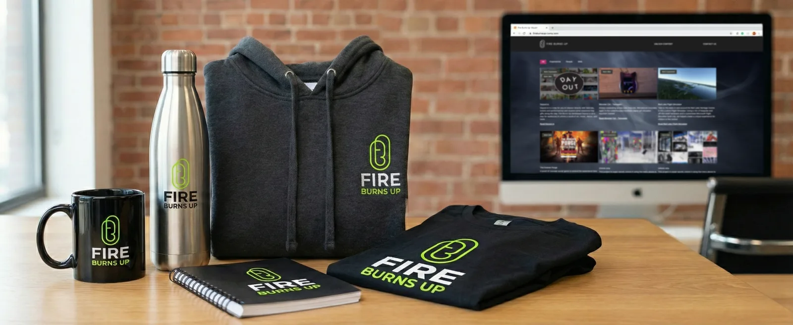 Fire Burns Up branded corporate swag: hoodie, tee, bottle, mug, notebook