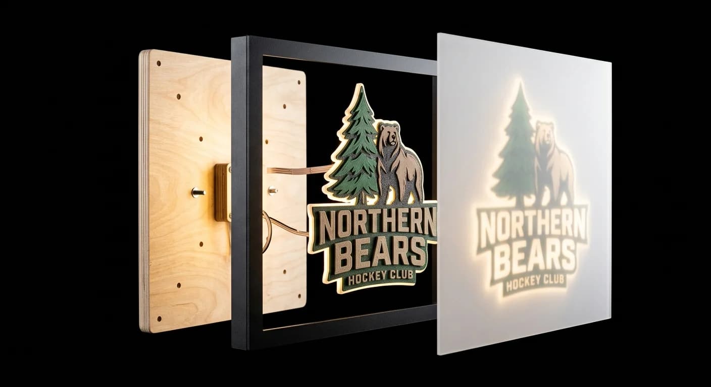 A custom LED team sign exploded into its cut layers: birch backing, acrylic frame, 3D crest, and diffuser