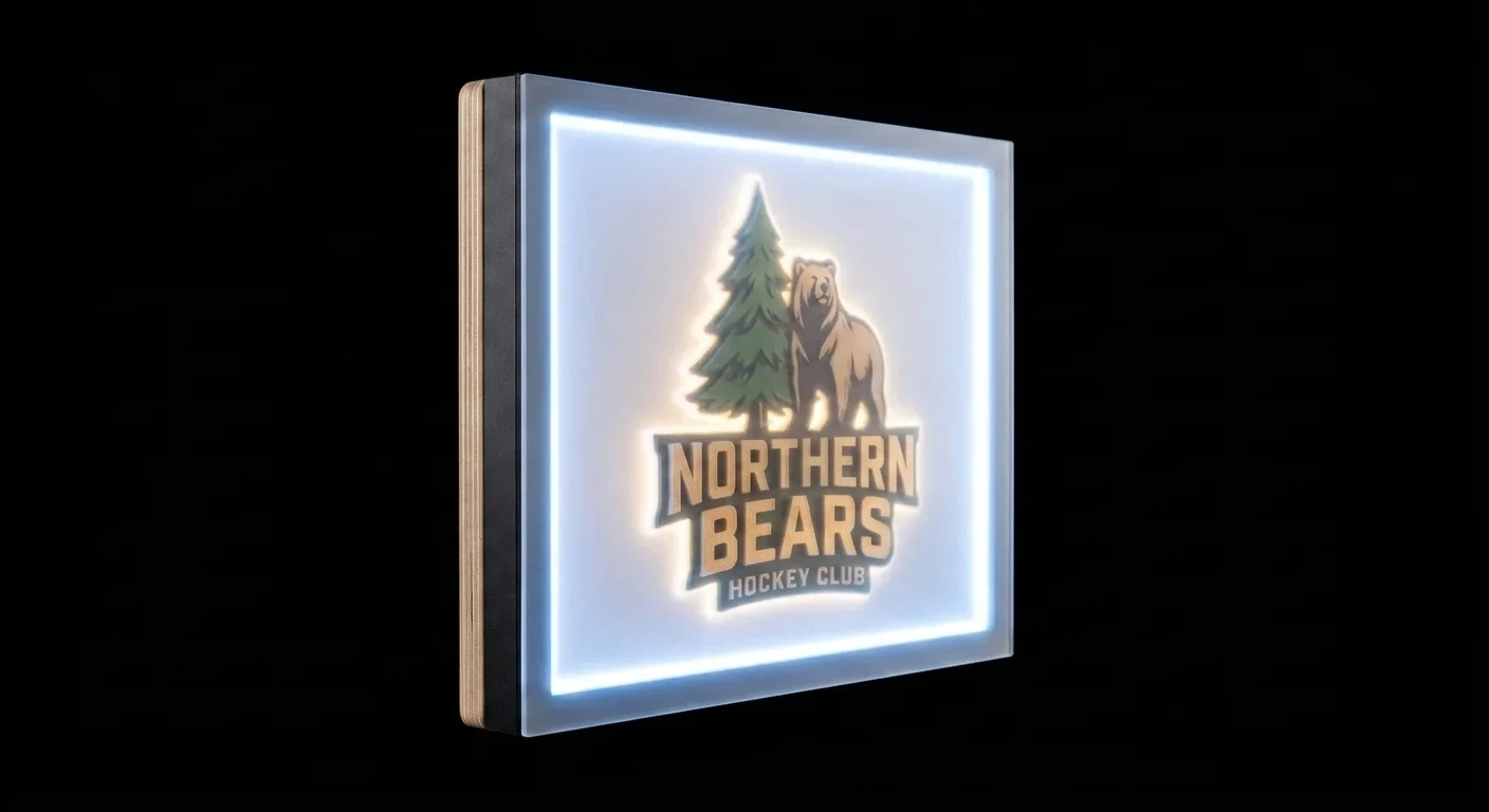 The finished custom LED team sign assembled and lit