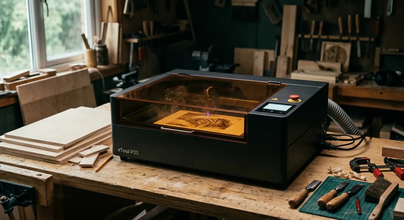 Our xTool P2S laser cutter engraving birch in the Hamilton workshop