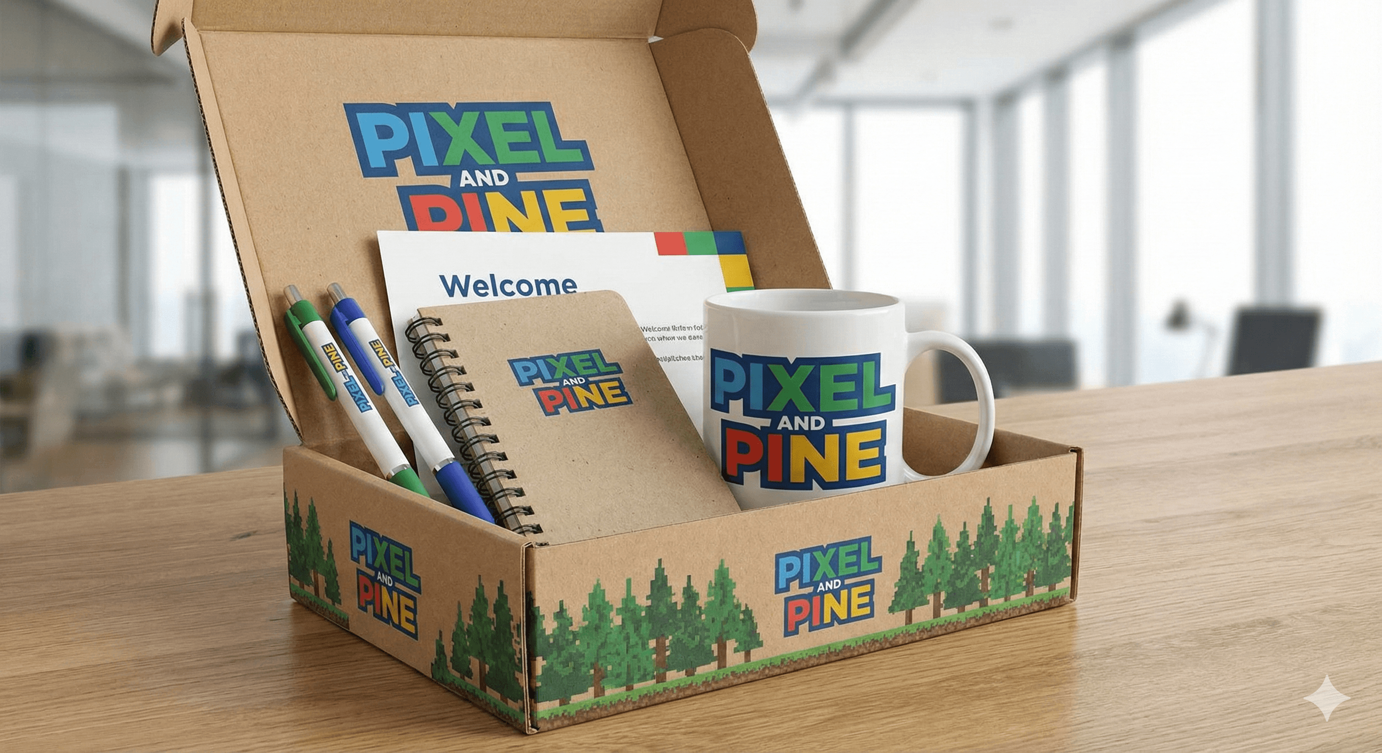 Pixel & Pine branded employee welcome box